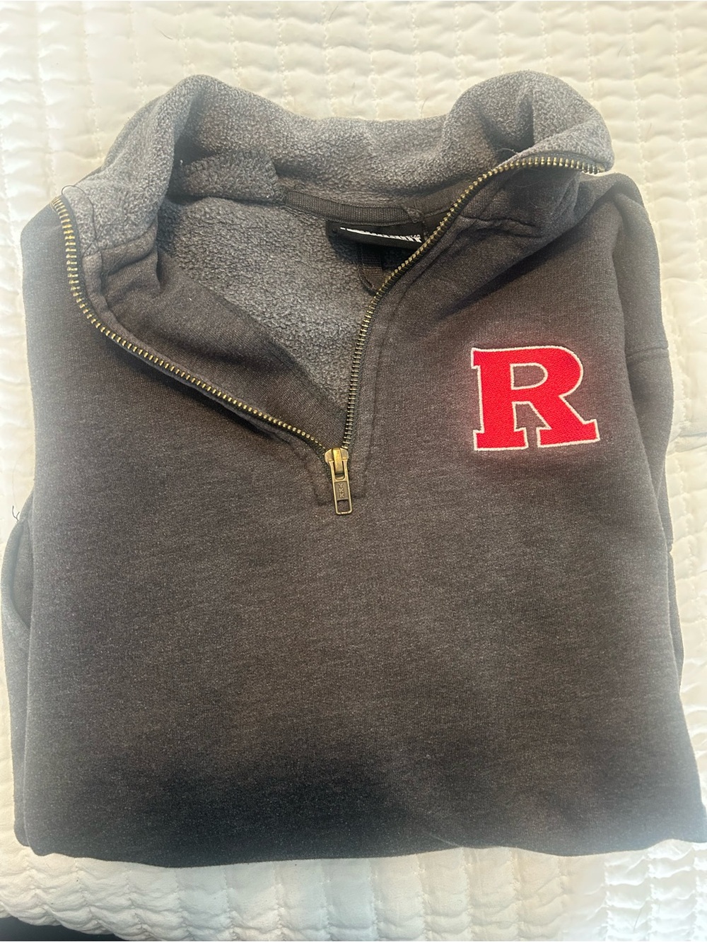 Charcoal Quarter-Zip Sweatshirt with Red R Patch with pockets!